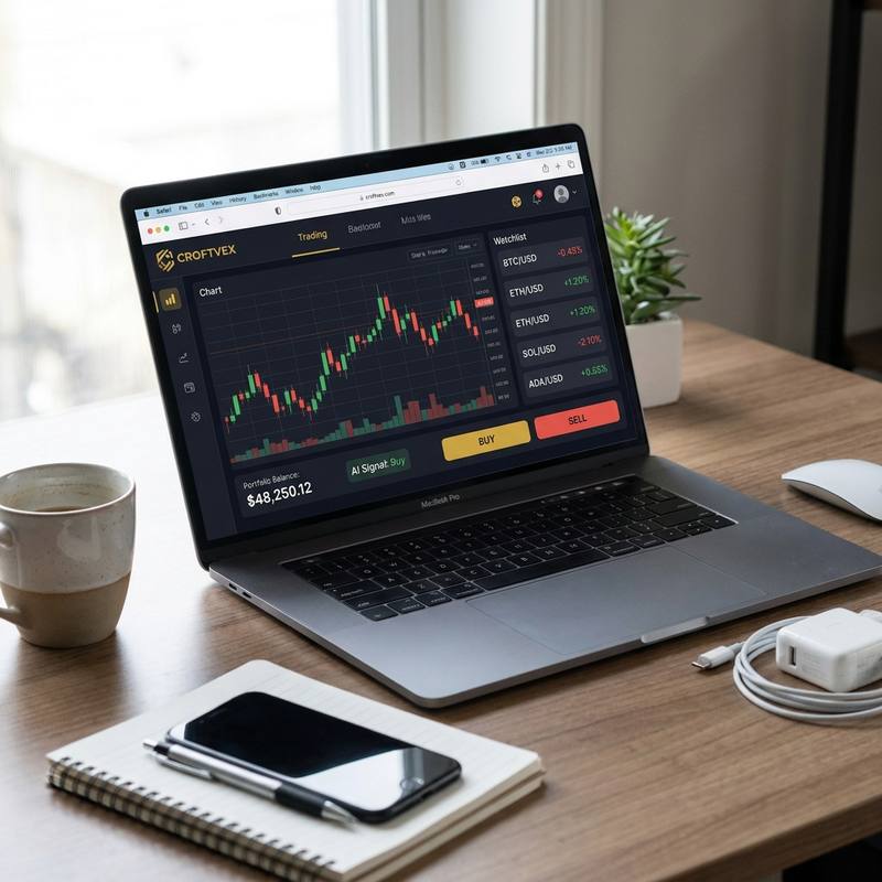 The Croftvex trading dashboard on a laptop, showing a candlestick chart, a crypto watchlist, buy and sell buttons and an AI signal