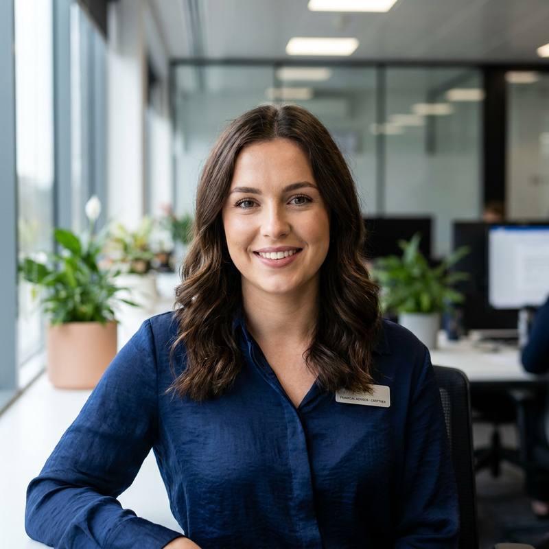 A smiling Croftvex client support specialist seated at a desk in a bright open-plan office