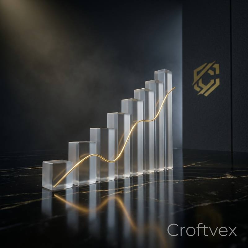 Frosted glass columns rising in steps, threaded by a gold line on a dark marble floor, with the Croftvex mark on the wall behind